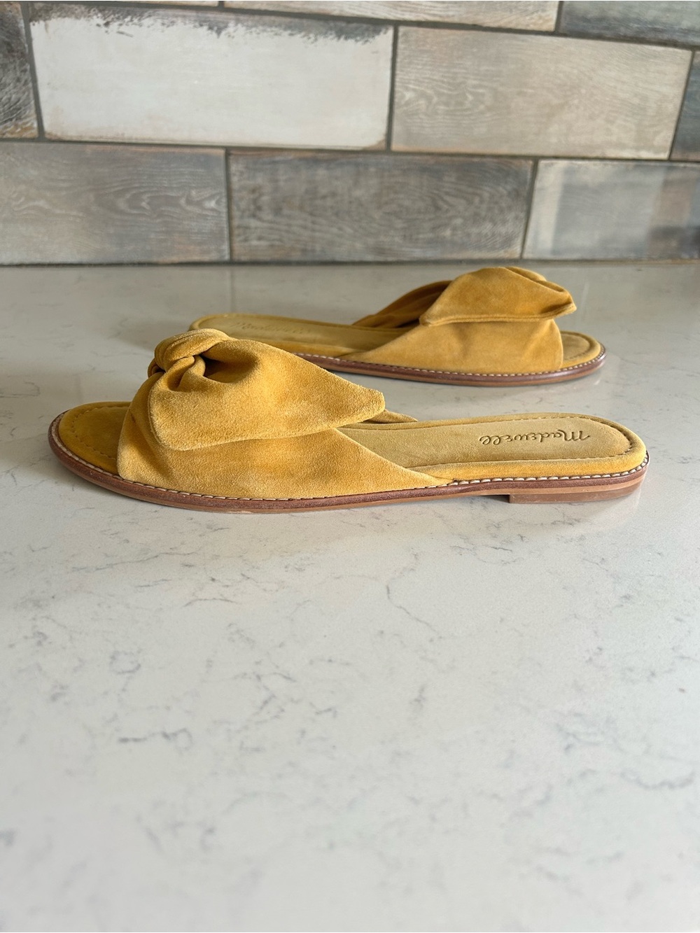 Madewell Suede Half Bow Tan Mustard Slip On Slide Sandals - Picture 5 of 16